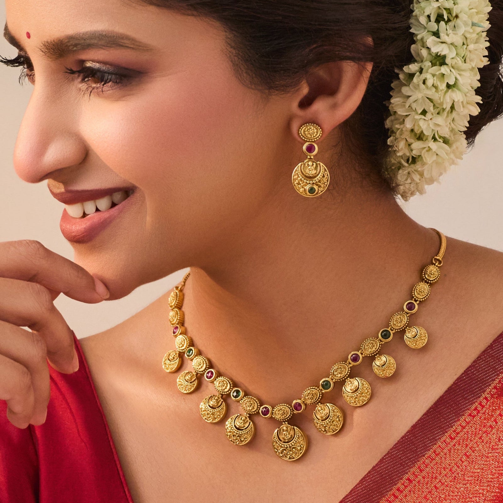 Padmaja Red Green Kempu Antique Necklace Set