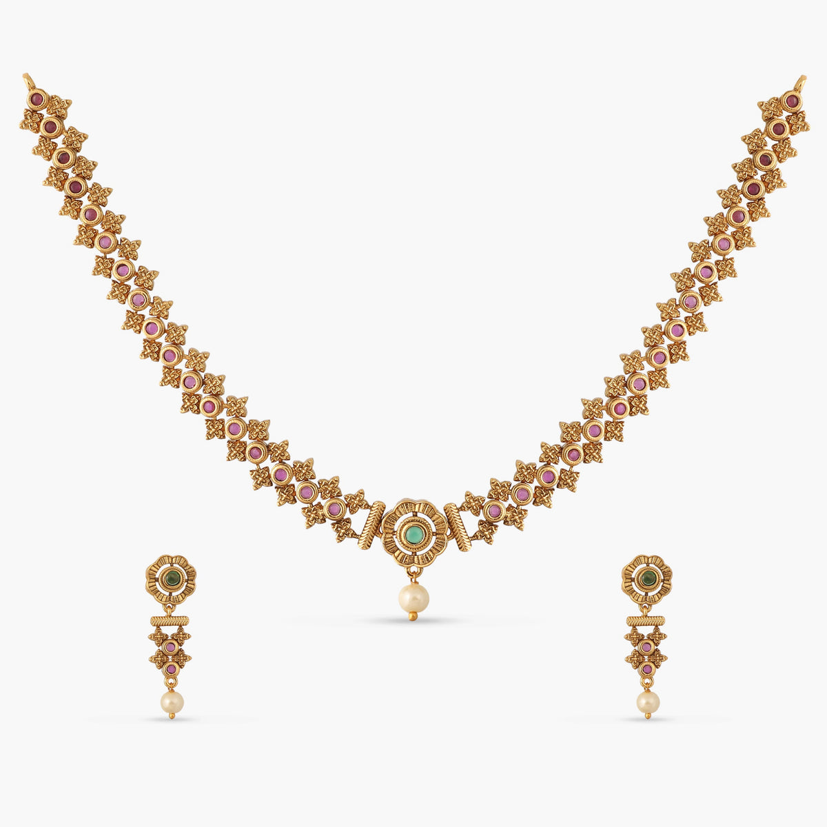 Shyla Kempu Red Green Antique Necklace Set