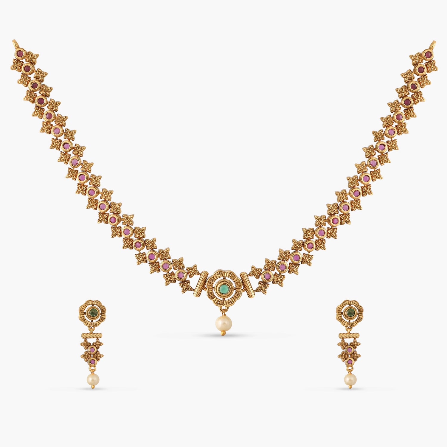 Shyla Kempu Red Green Antique Necklace Set