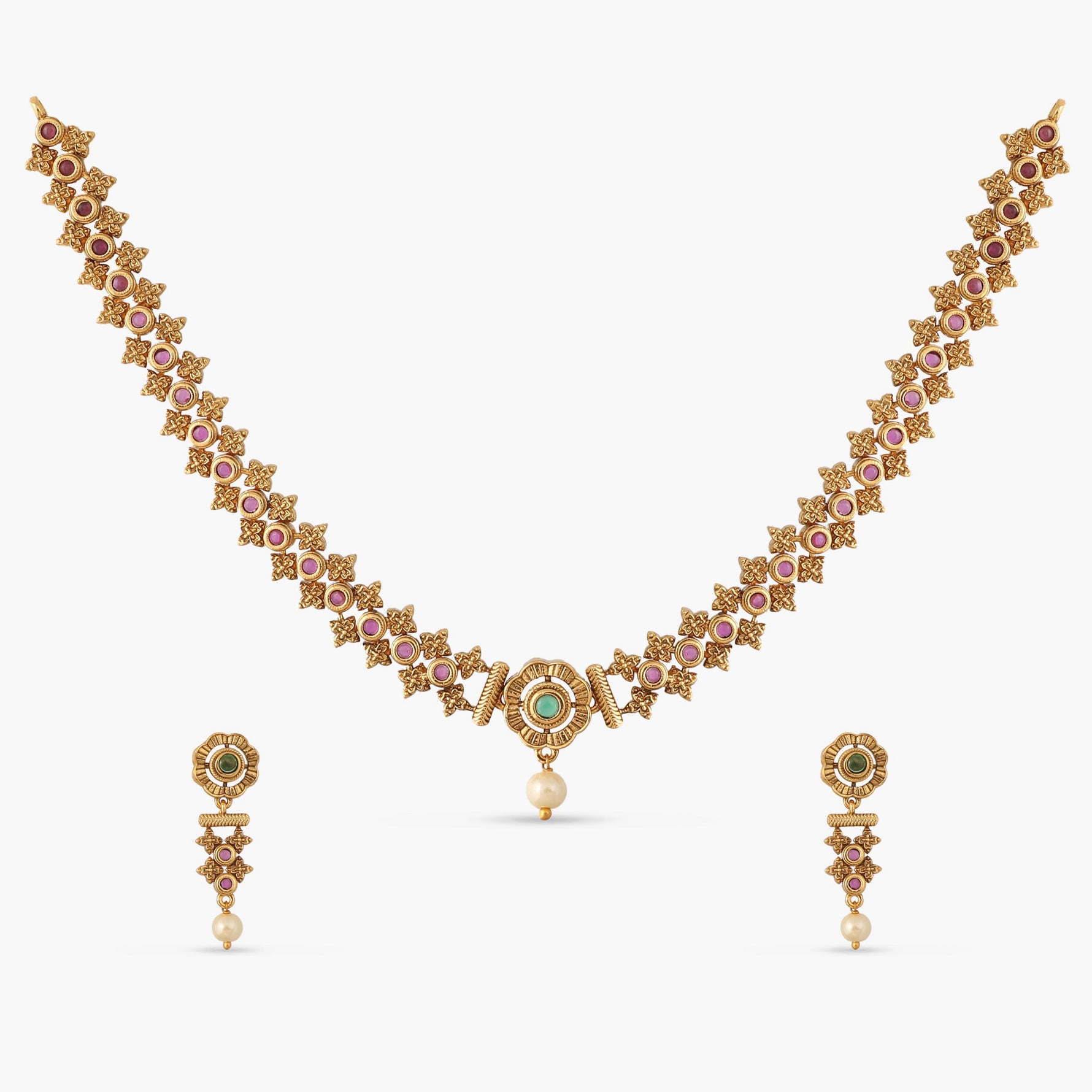 Shyla Kempu Red Green Antique Necklace Set