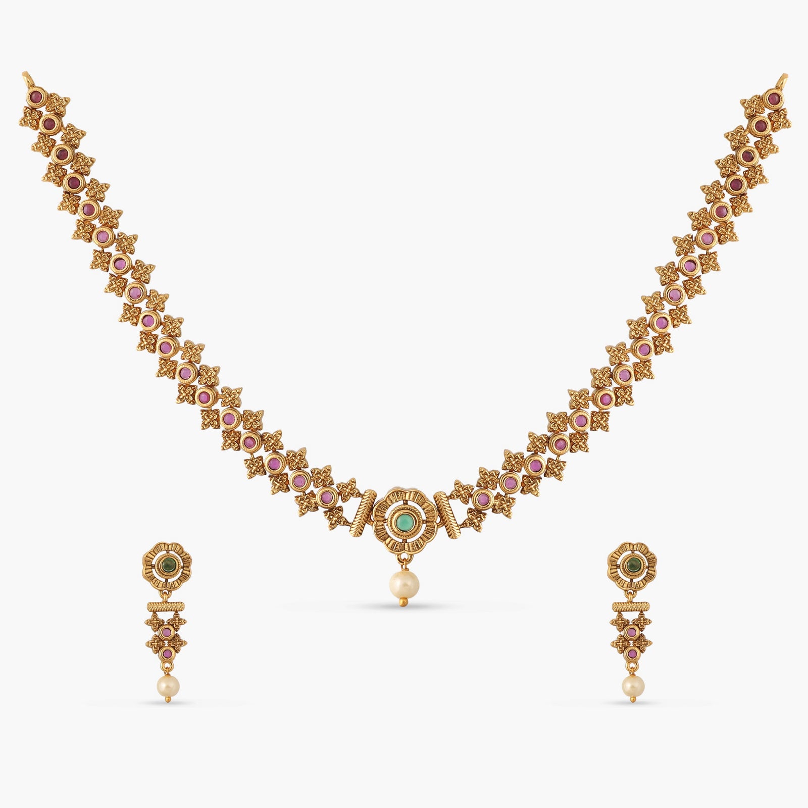 Shyla Kempu Red Green Antique Necklace Set