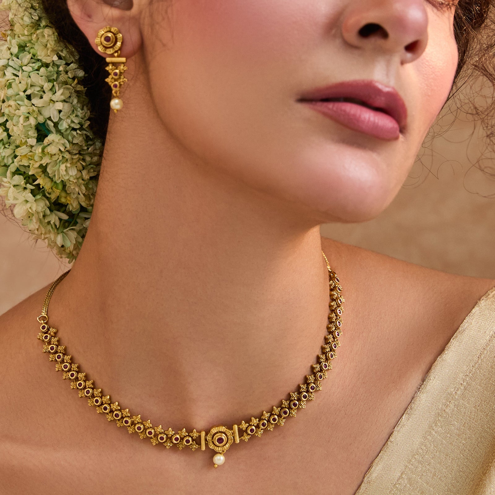 Shyla Kempu Red Antique Necklace Set