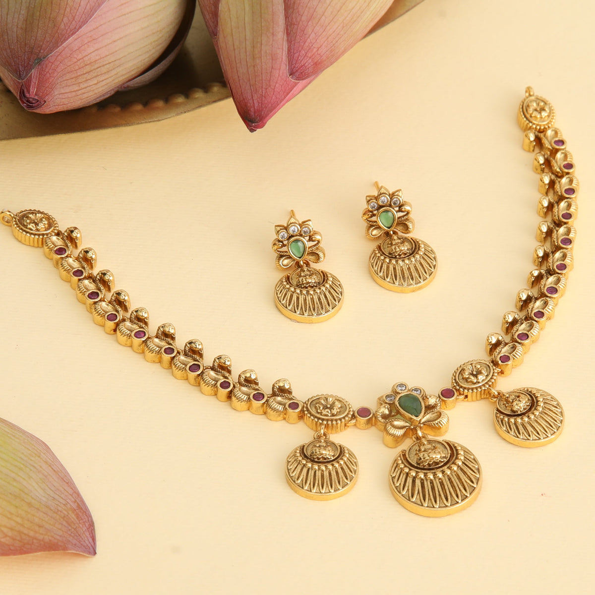 Haripriya Antique Red Green Kempu Necklace Set