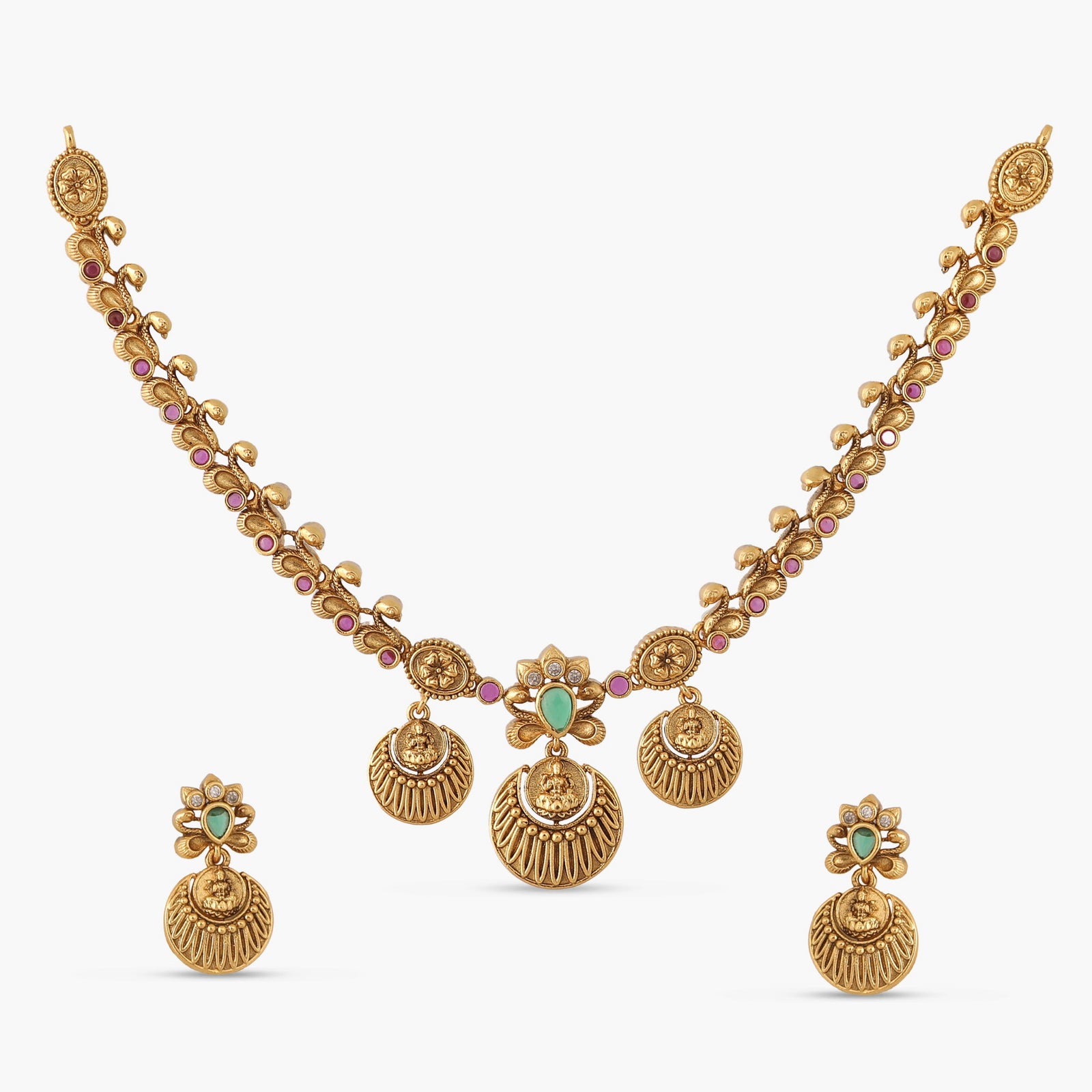 Haripriya Antique Red Green Kempu Necklace Set