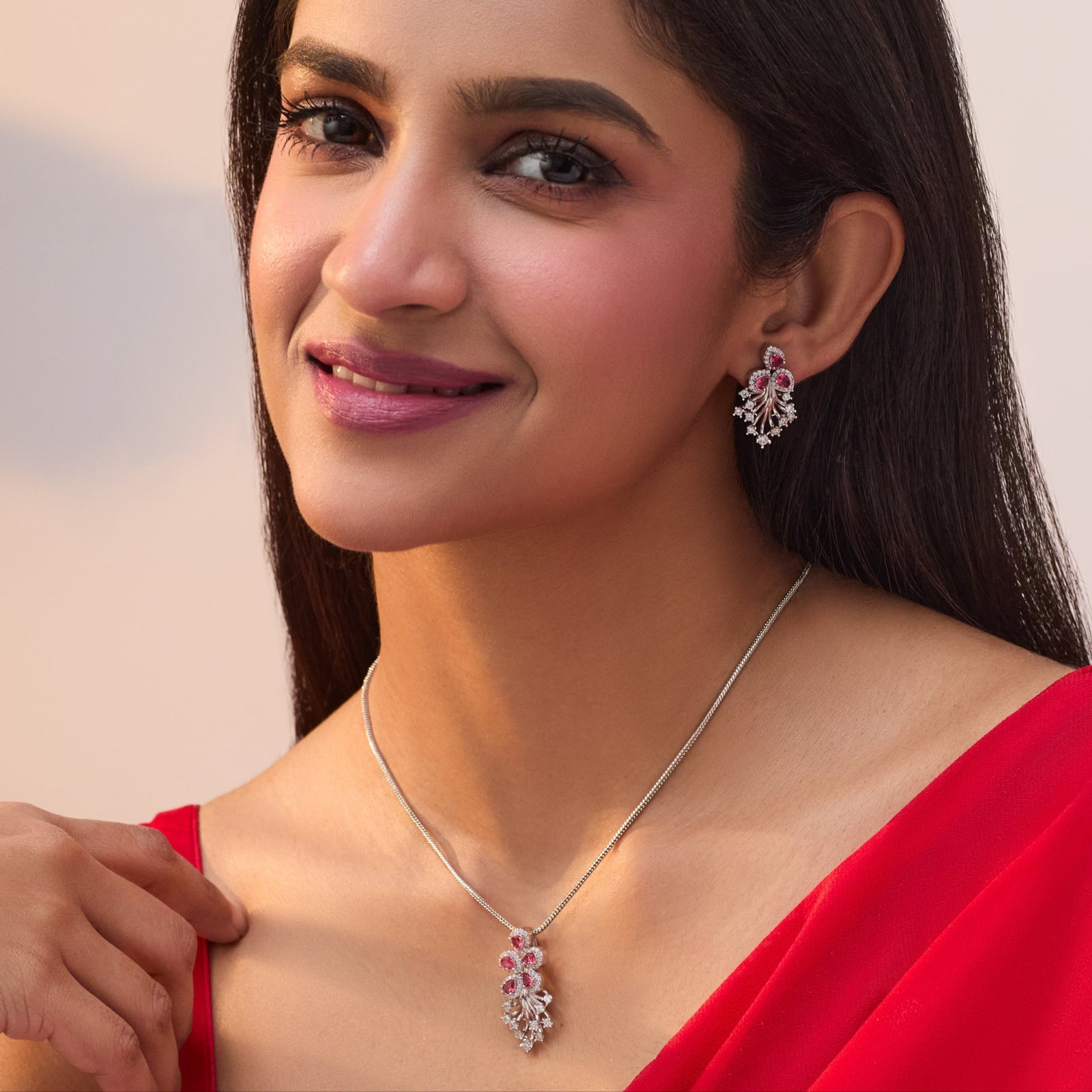 Plume Red Nakshatra CZ Pendant Set
