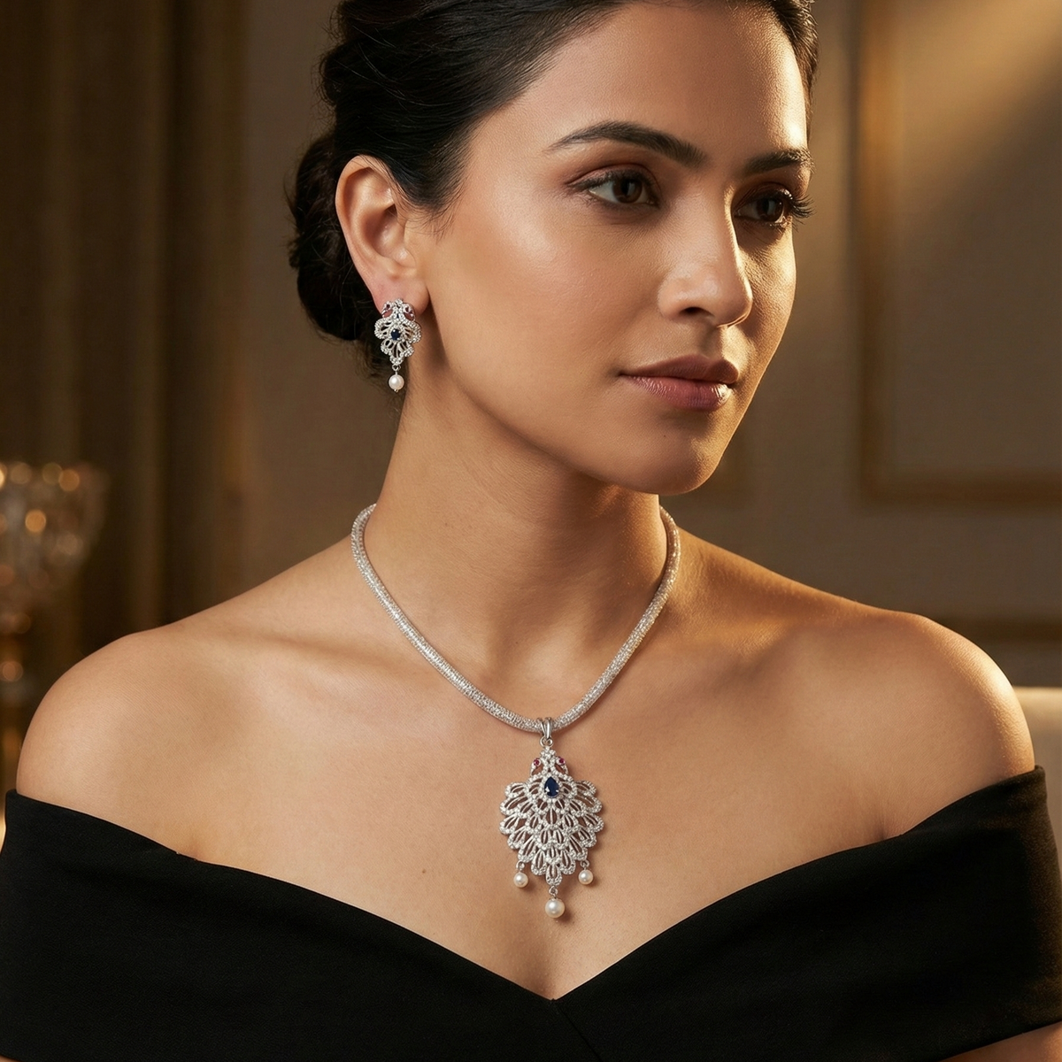 Mayurakshi Nakshatra Blue CZ Pendant Set