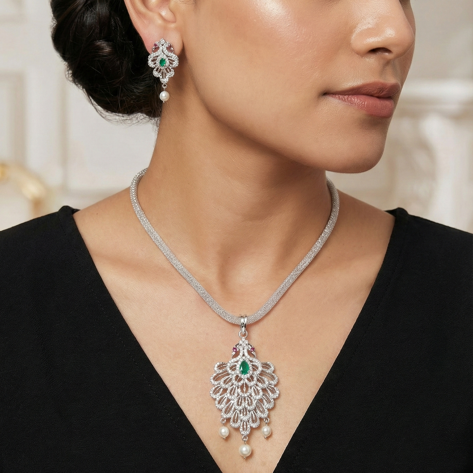 Mayurakshi Nakshatra Green CZ Pendant Set