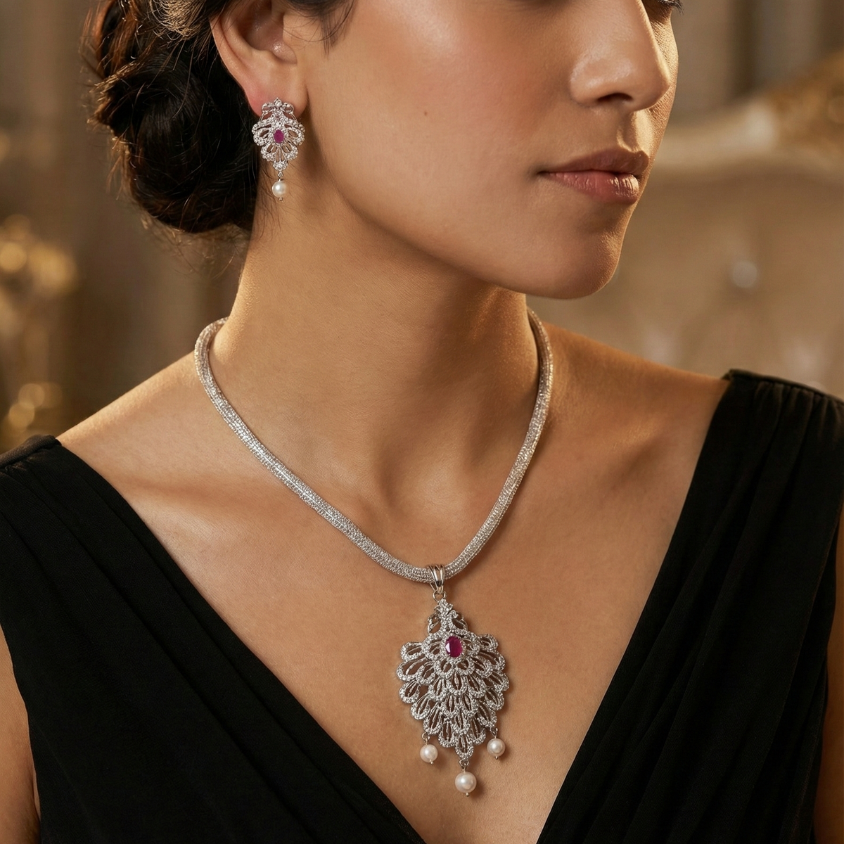 Mayurakshi Nakshatra Red CZ Pendant Set