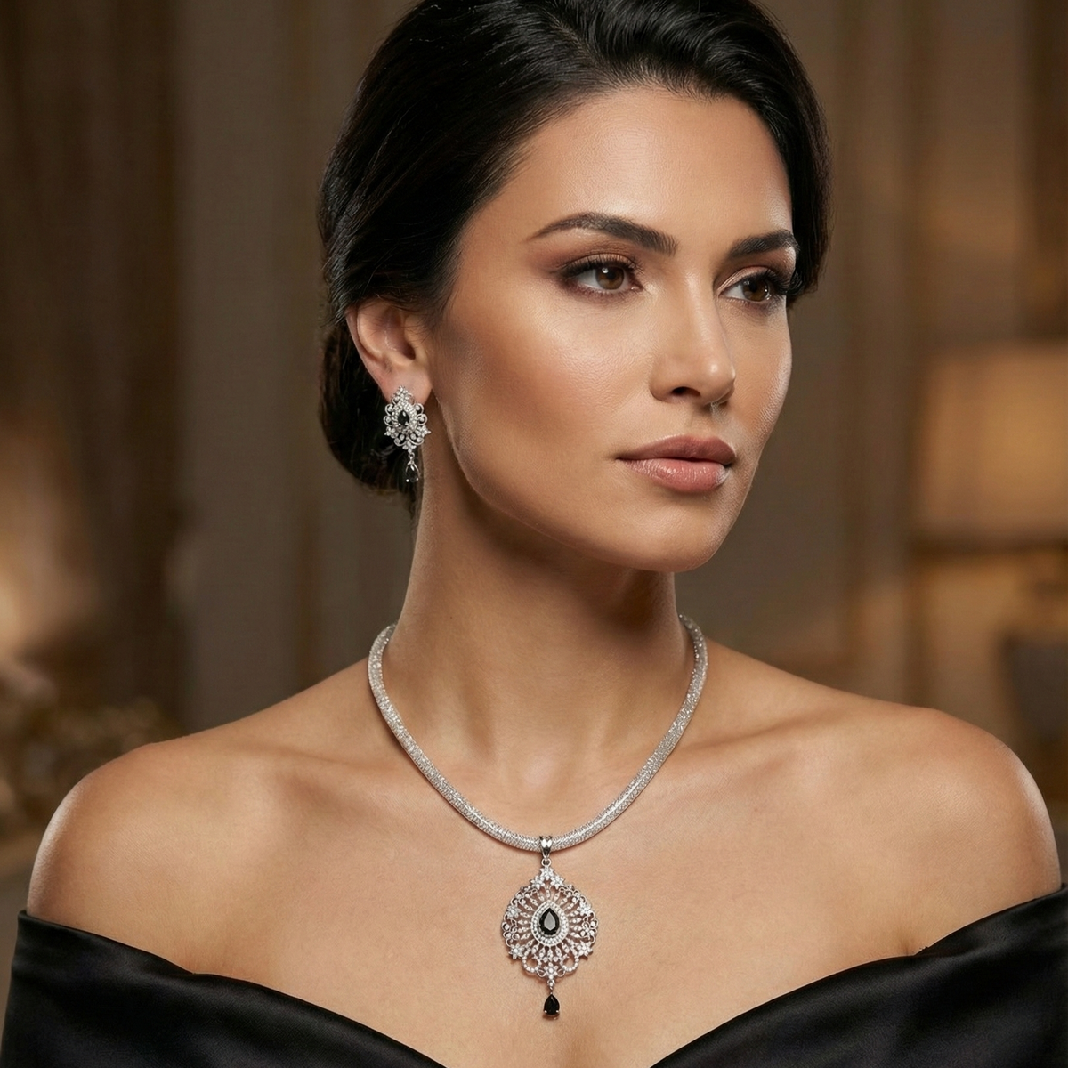 Elsa Nakshatra Black CZ Pendant Set