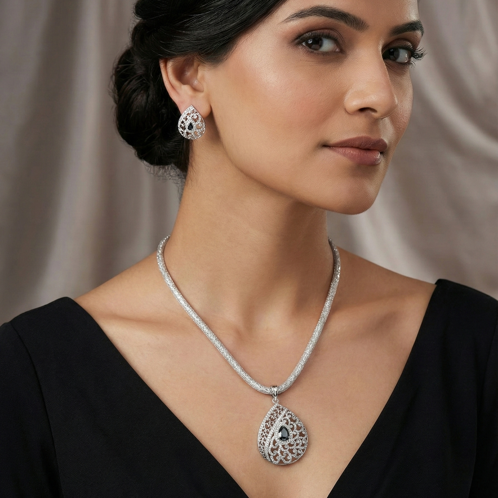 Blossom Nakshatra Black CZ Pendant Set