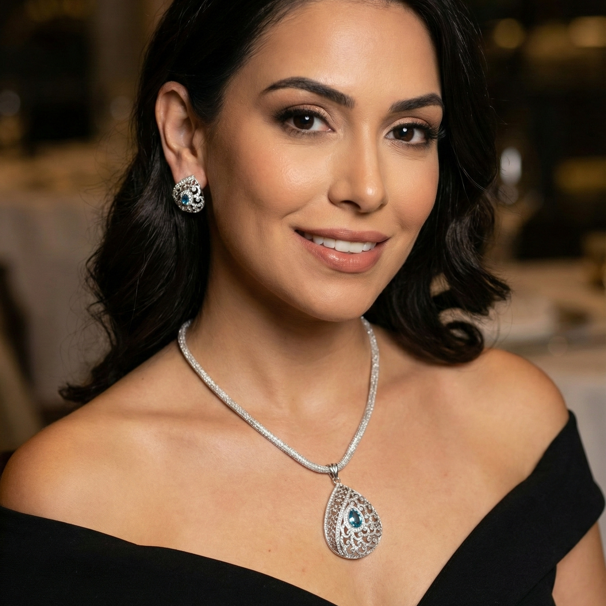 Blossom Nakshatra Blue CZ Pendant Set