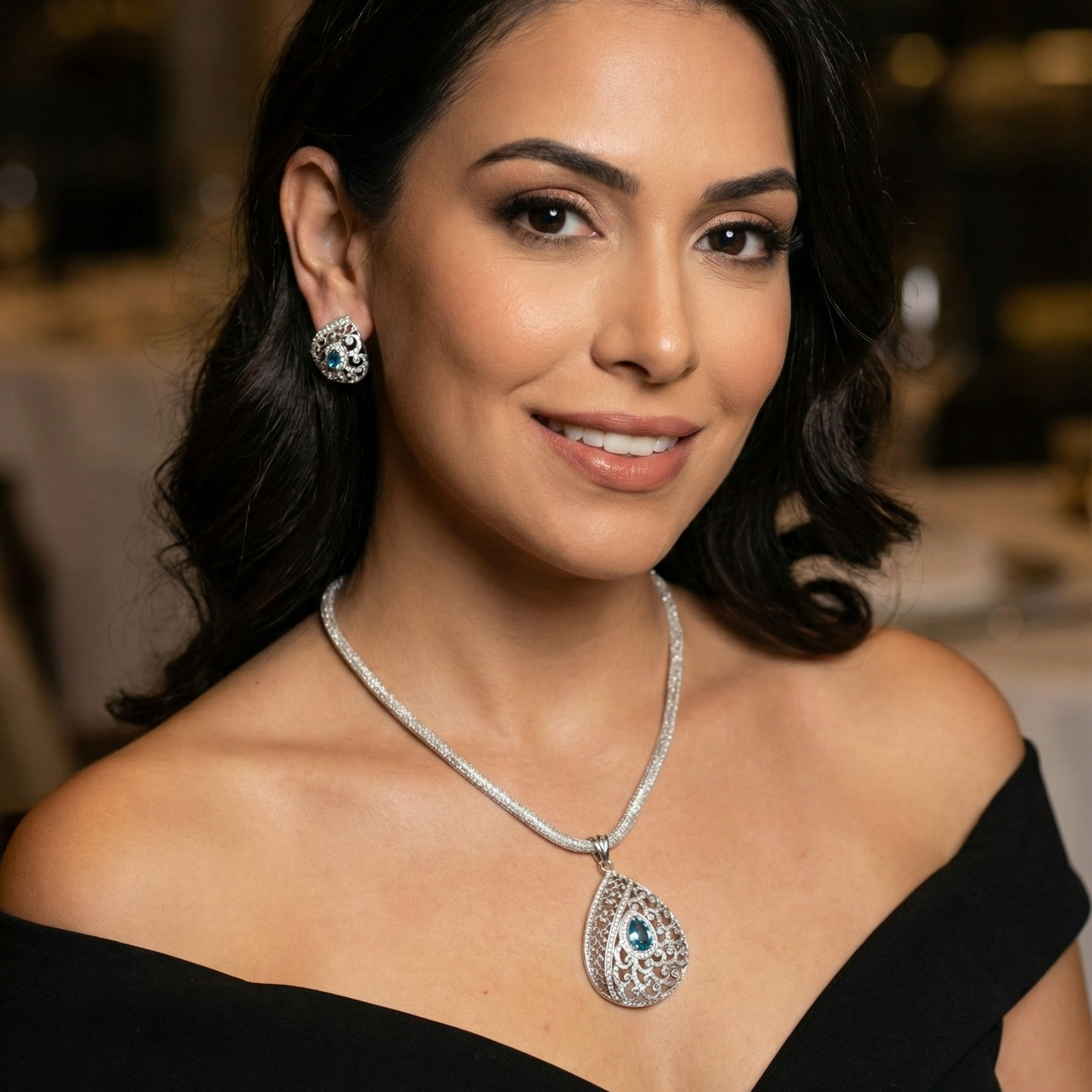 Blossom Nakshatra Blue CZ Pendant Set