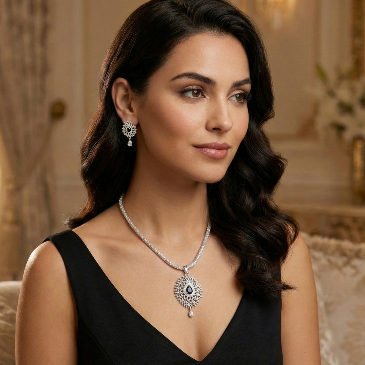 Mihita Nakshatra Black CZ Pendant Set