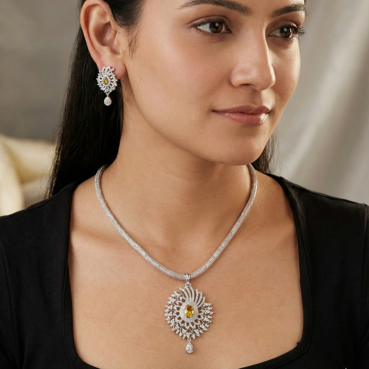Mihita Nakshatra Yellow CZ Pendant Set