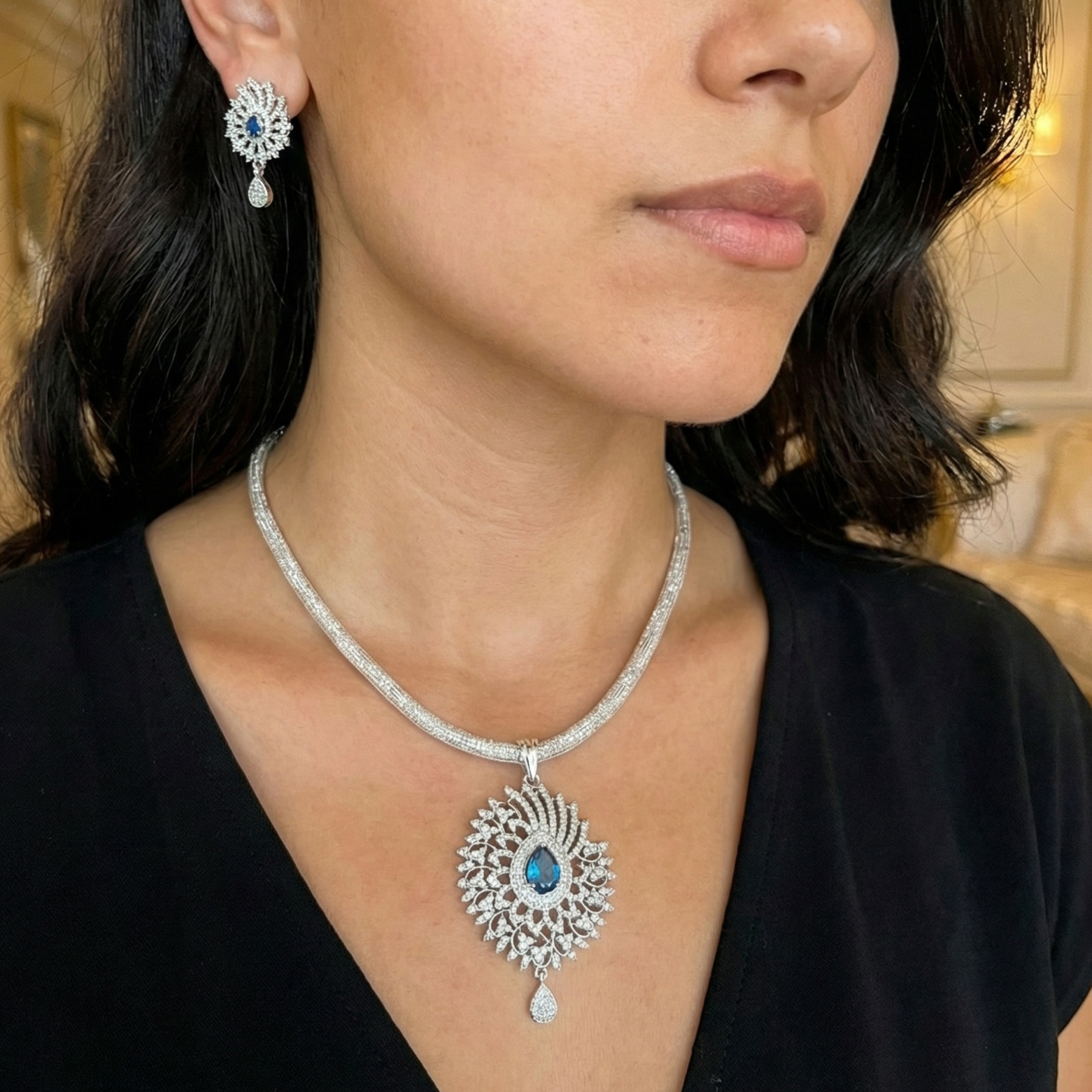 Mihita Nakshatra Sea Blue CZ Pendant Set
