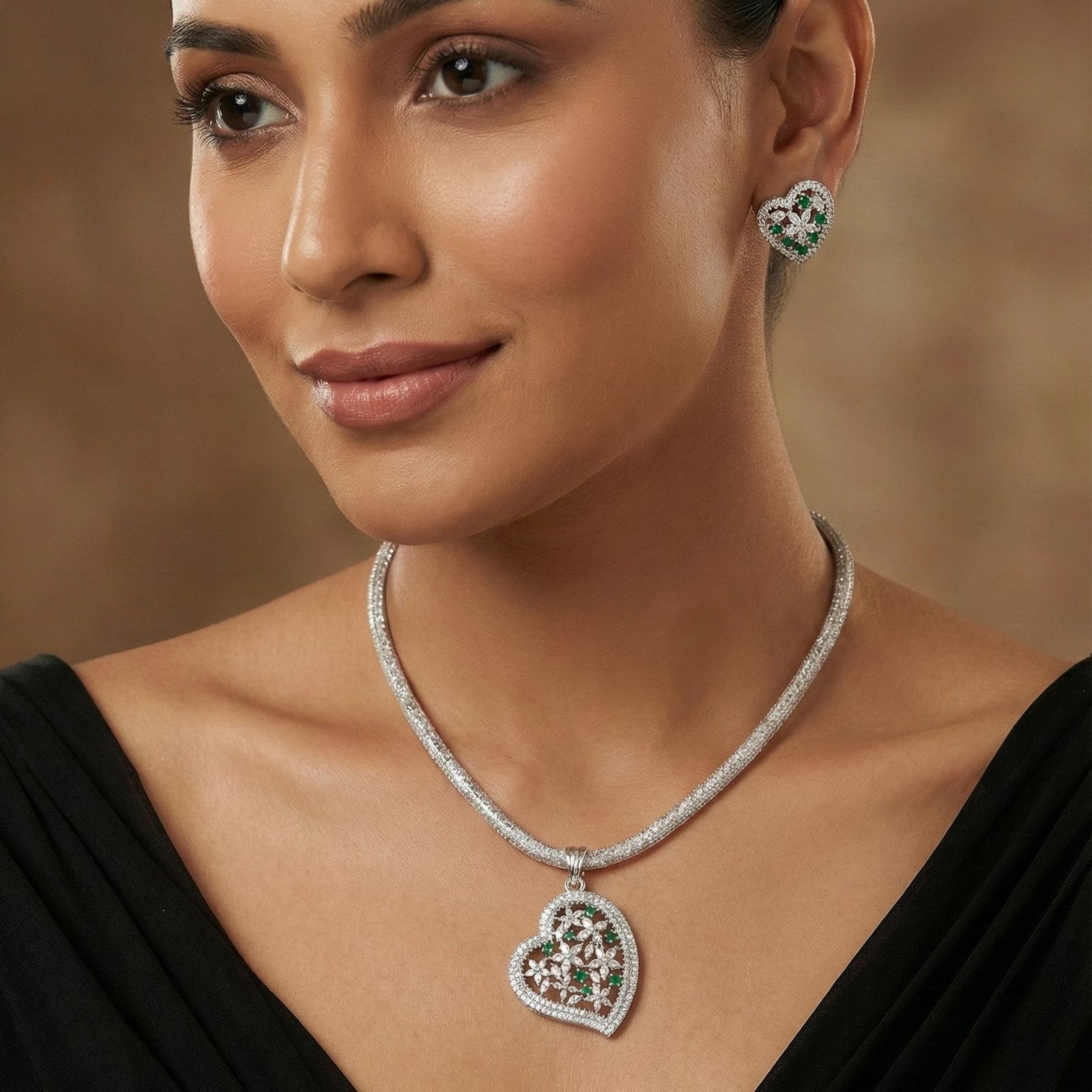 Amara Heart Nakshatra Green CZ Pendant Set