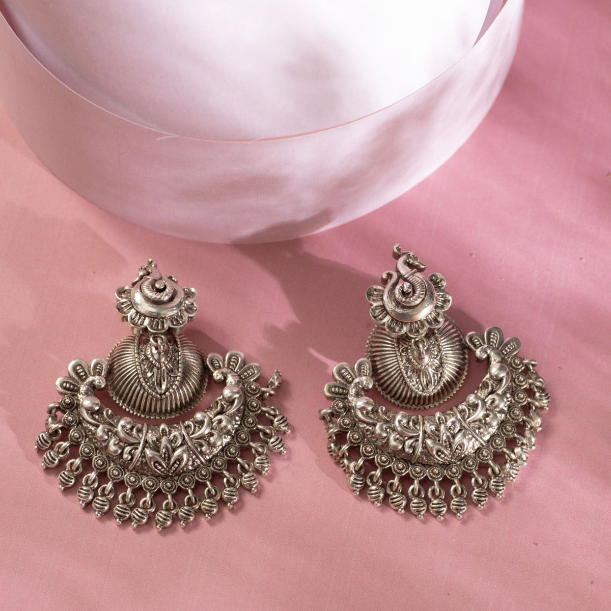 Maati Peacock Floral Antique Oxidized Chandbali Earrings