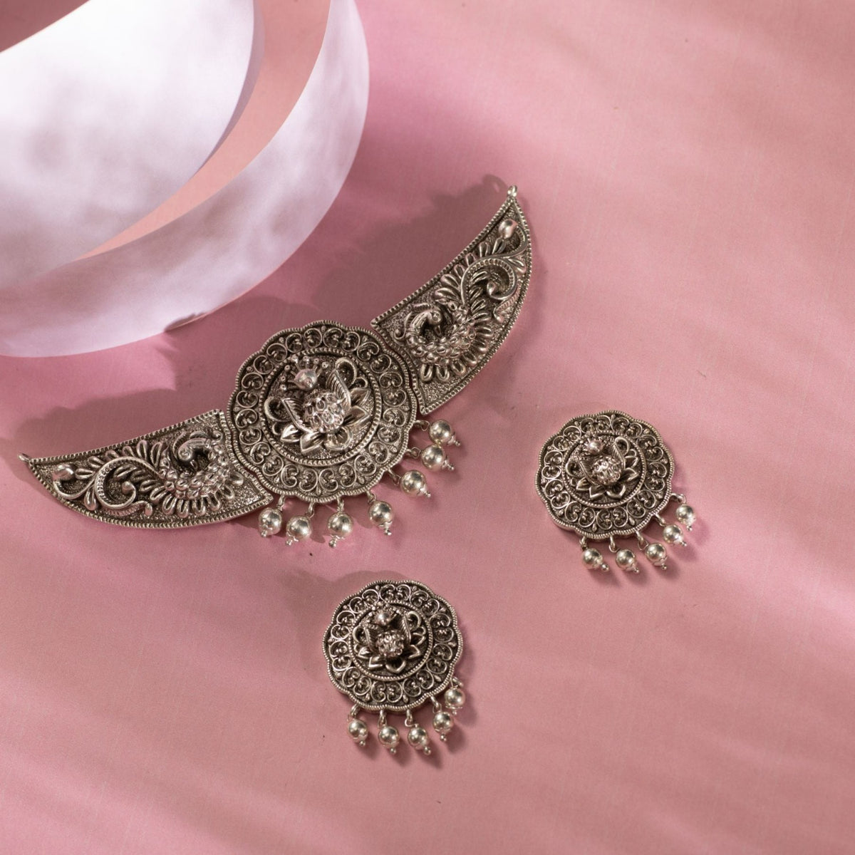 Maati Peacock Round Antique Oxidized Statement Choker Set