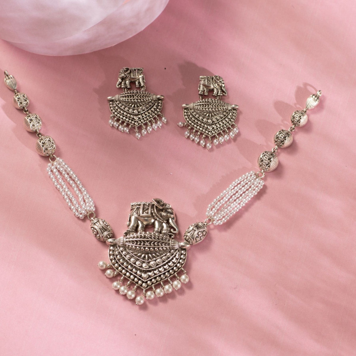 Maati Elephant &amp; Pearl Antique Oxidized Necklace Set