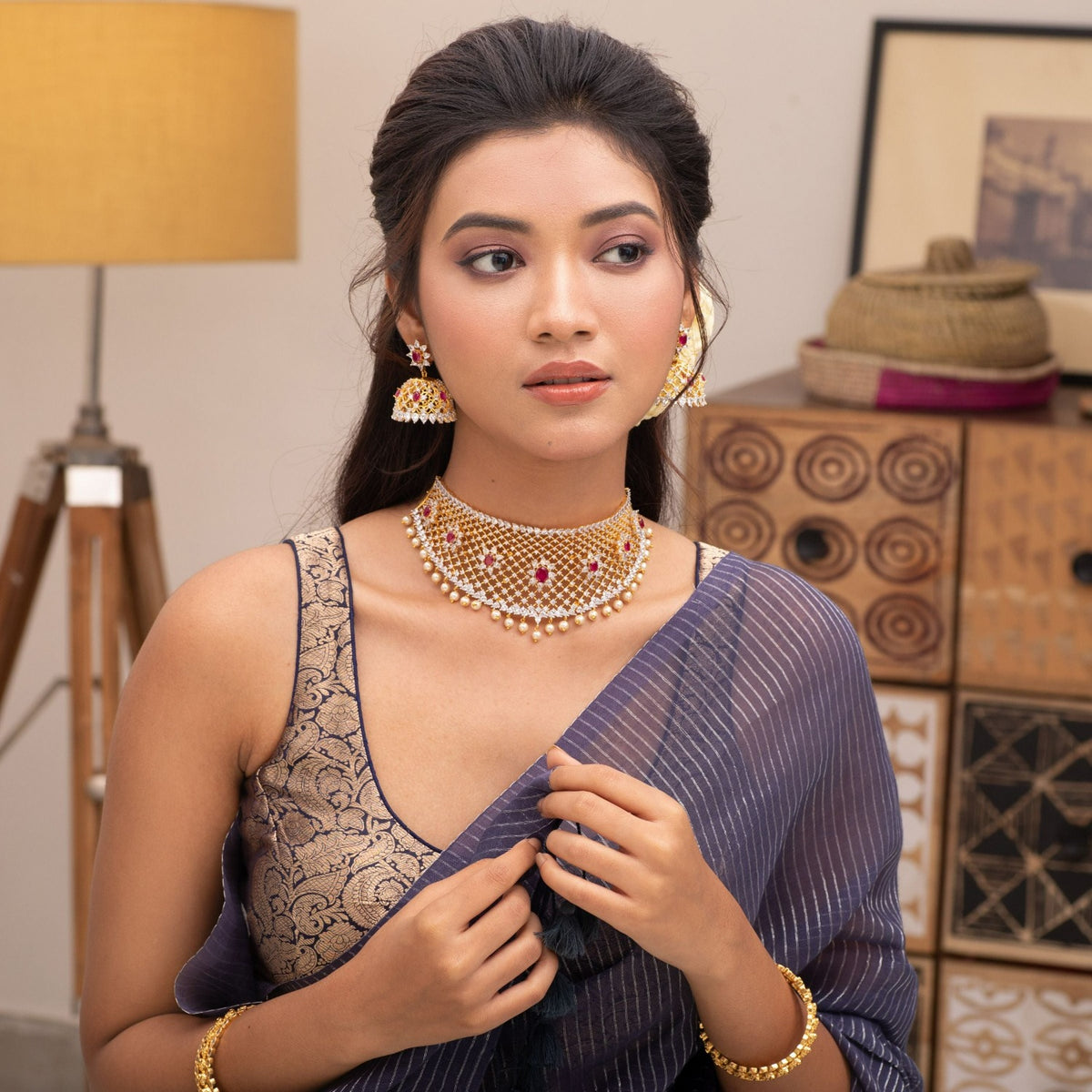 Floral Filigree Nakshatra CZ Necklace Set