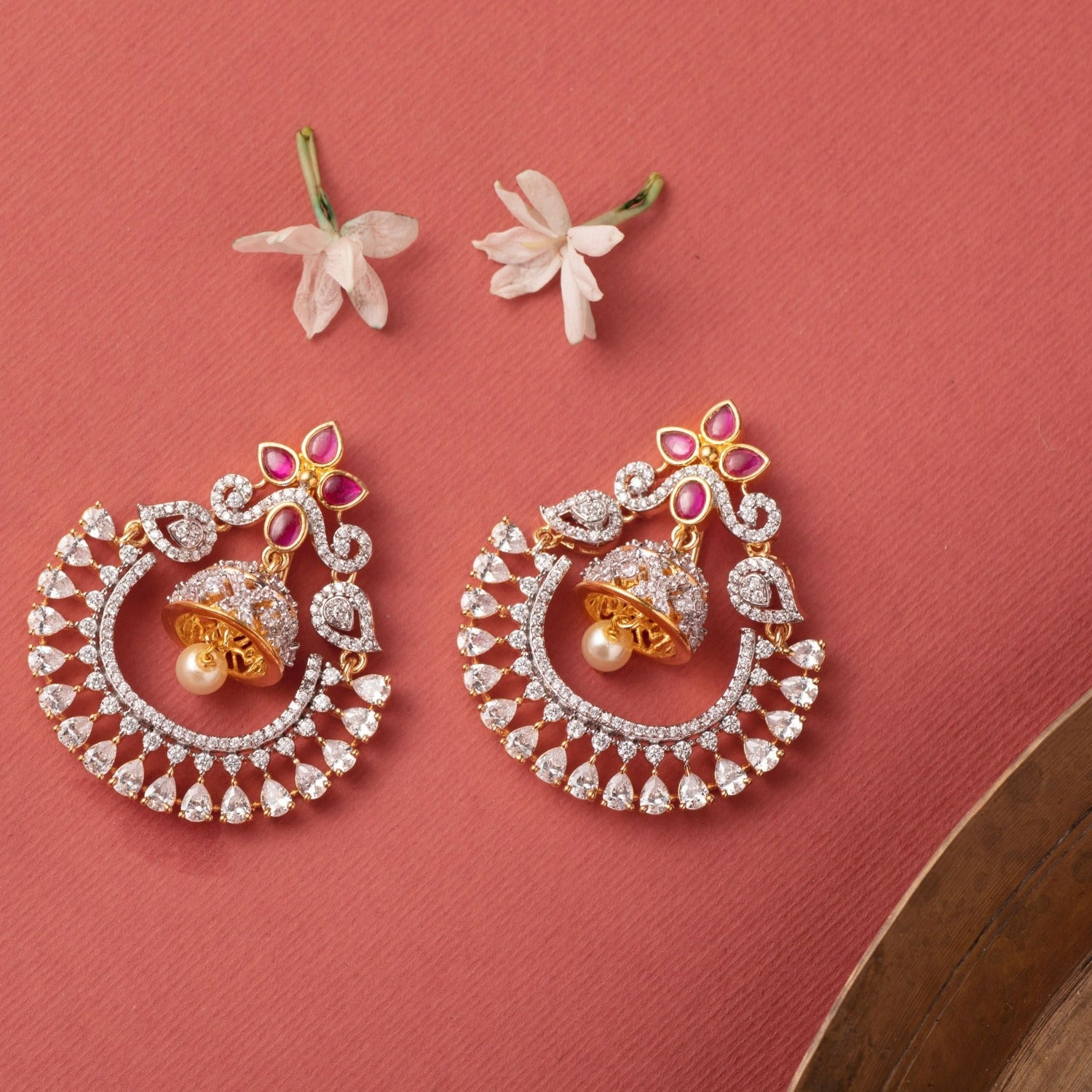 The Padmavat Silver Chand Bali Earrings (White) — KO Jewellery