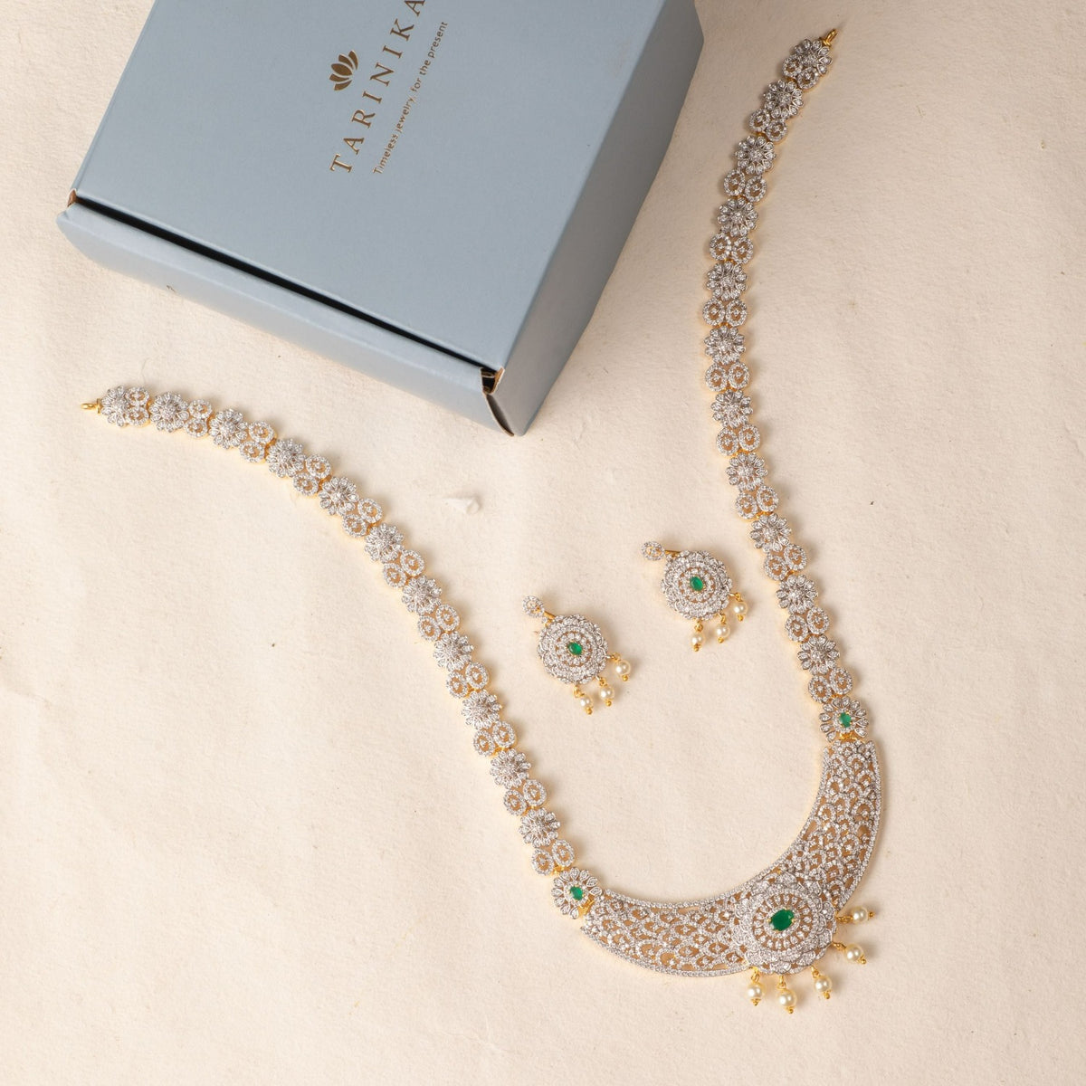 Floral Elegance CZ Long Necklace Set