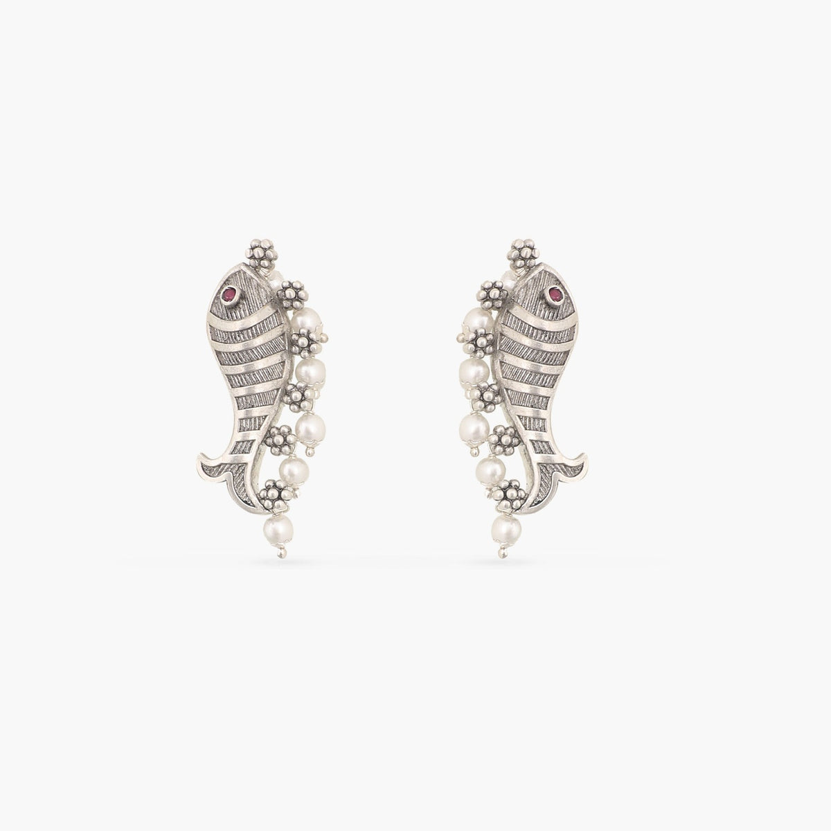 Fish and Pearl Oxidized Statement Earrings