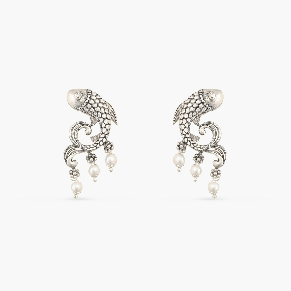 Fish and Pearl Oxidized Drop Earrings