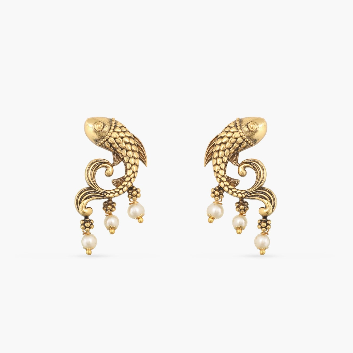 Fish and Pearl Oxidized Drop Earrings