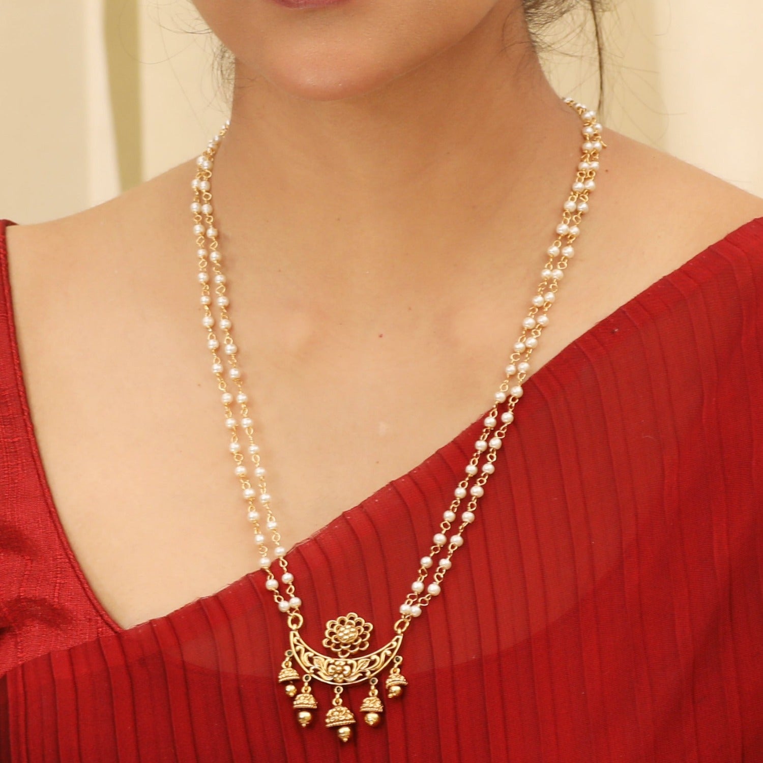 Azba Statement Pearl String Necklace Red