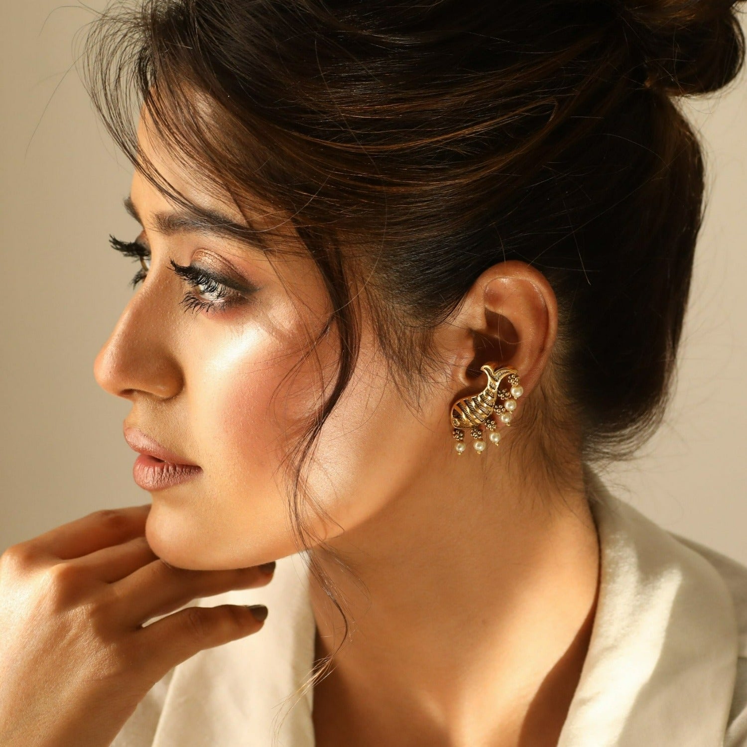 Fish and Pearl Oxidized Statement Earrings