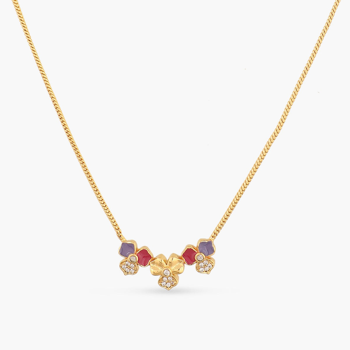 Pansy Floral CZ Triple Motif Necklace 