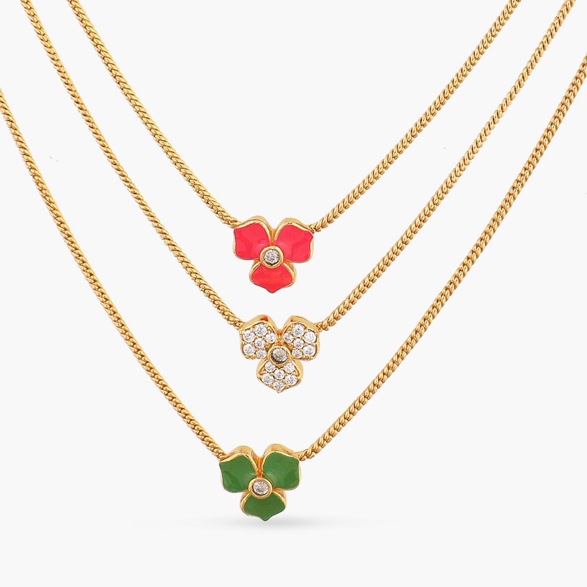 Pansy Floral CZ Statement Three Layer  Necklace 