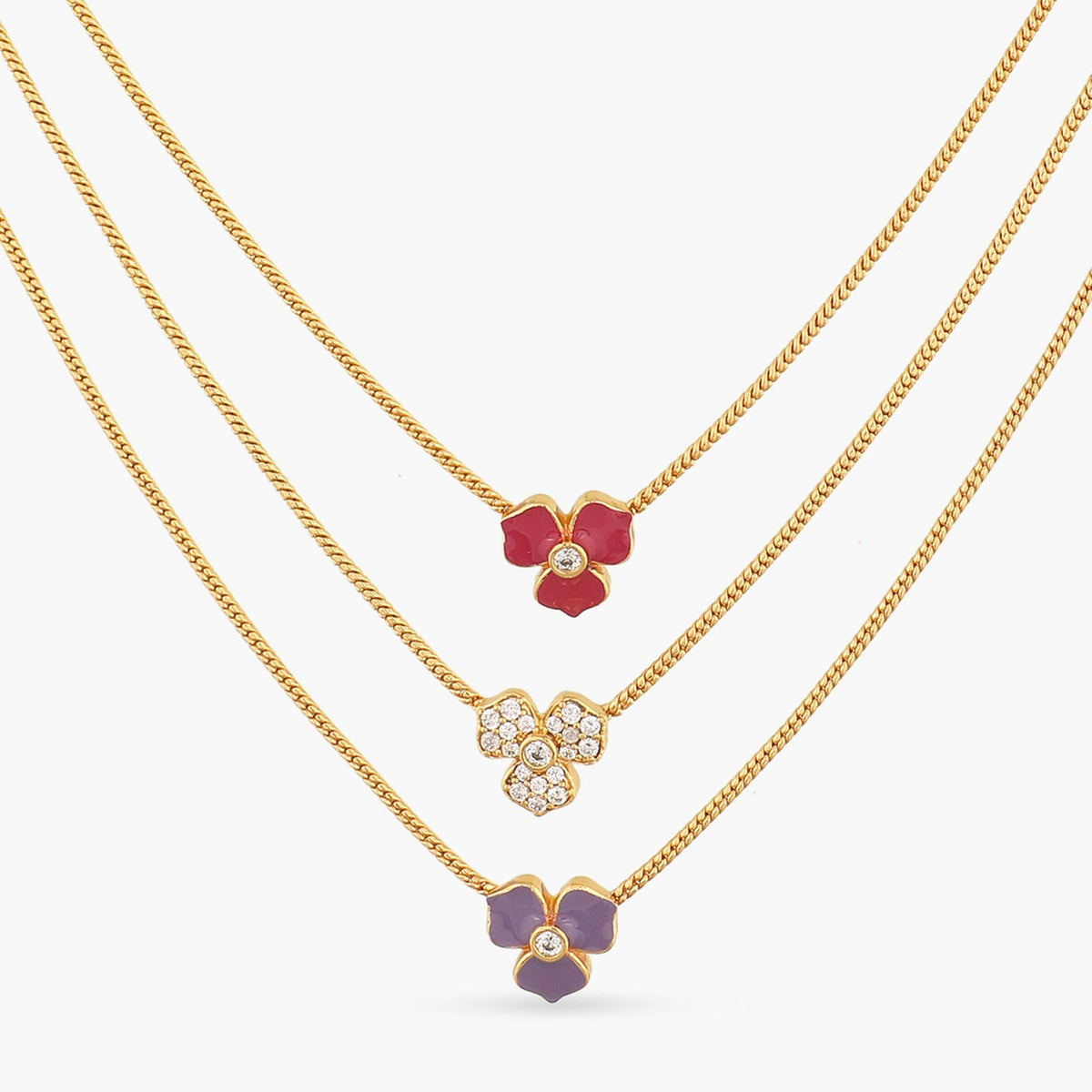 Pansy Floral CZ Statement Three Layer Necklace