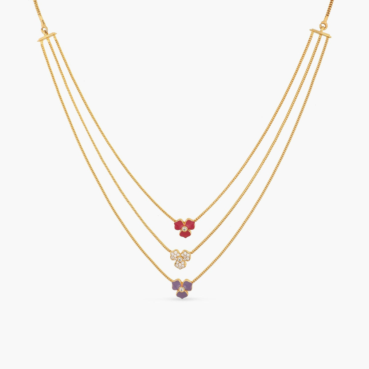 Pansy Floral CZ Statement Three Layer Necklace