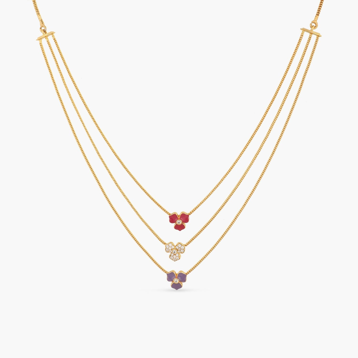 Pansy Floral CZ Statement Three Layer Necklace