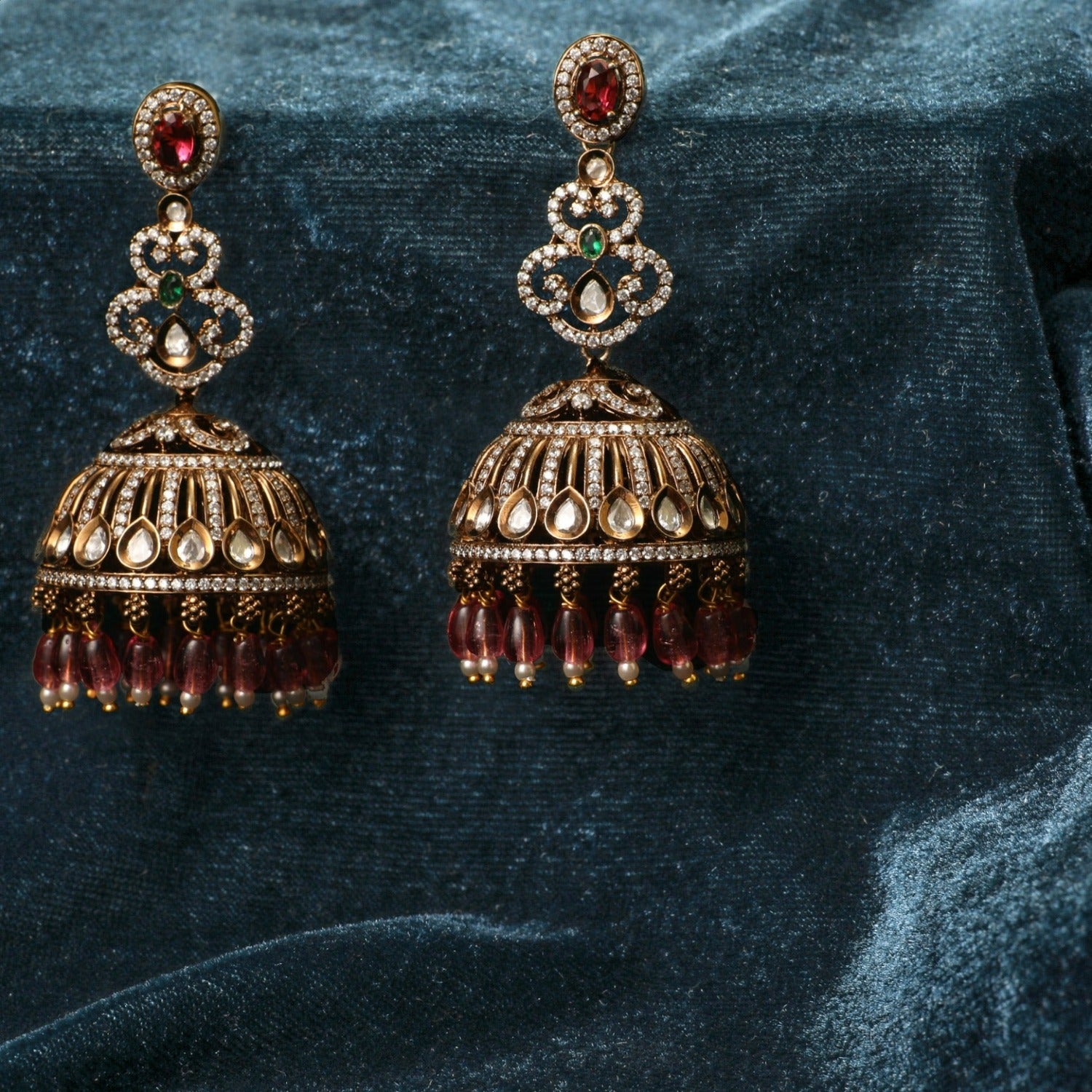 22K Gold Jhumkas (Buttalu) - Gold Dangle Earrings with Cz, Color Stones &  Japanese Culture Pearls - 235-235-GJH2631 in 25.050 Grams