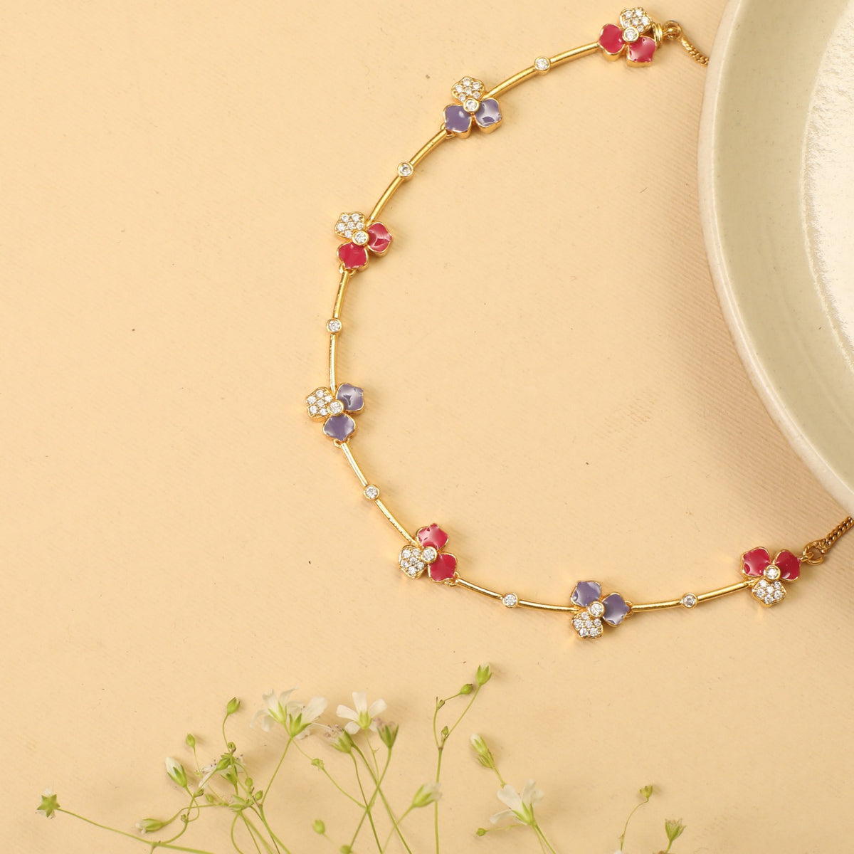 Pansy Floral CZ Statement Link  Necklace 