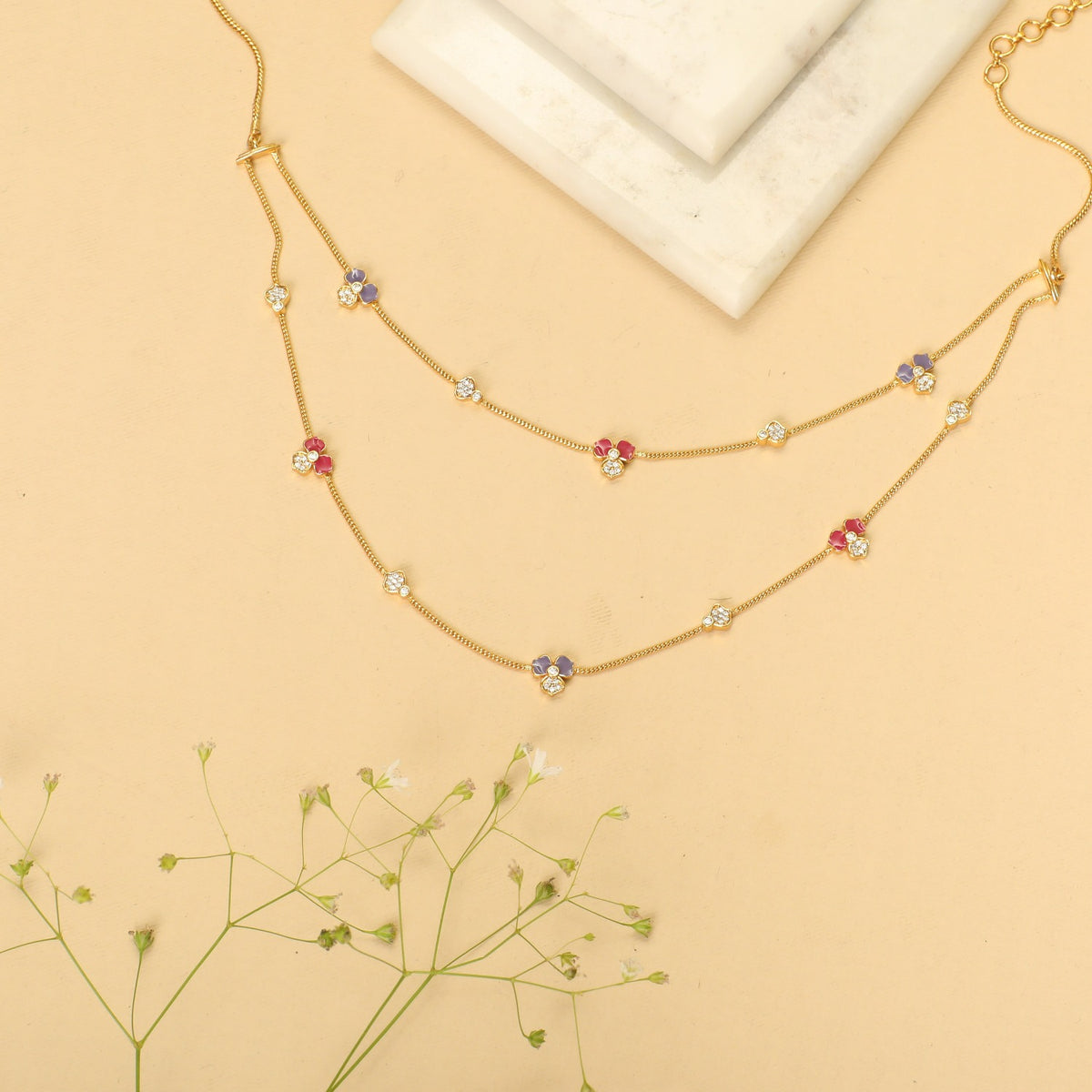 Pansy Floral CZ Statement Two Layer Necklace