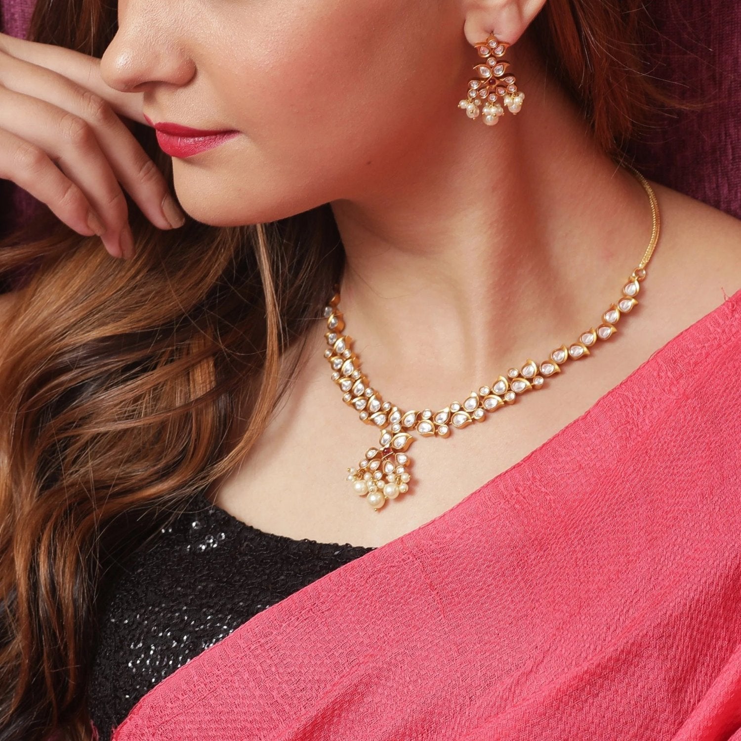 Buy Lv Jewellers Black Kundan Necklace Set for Women at