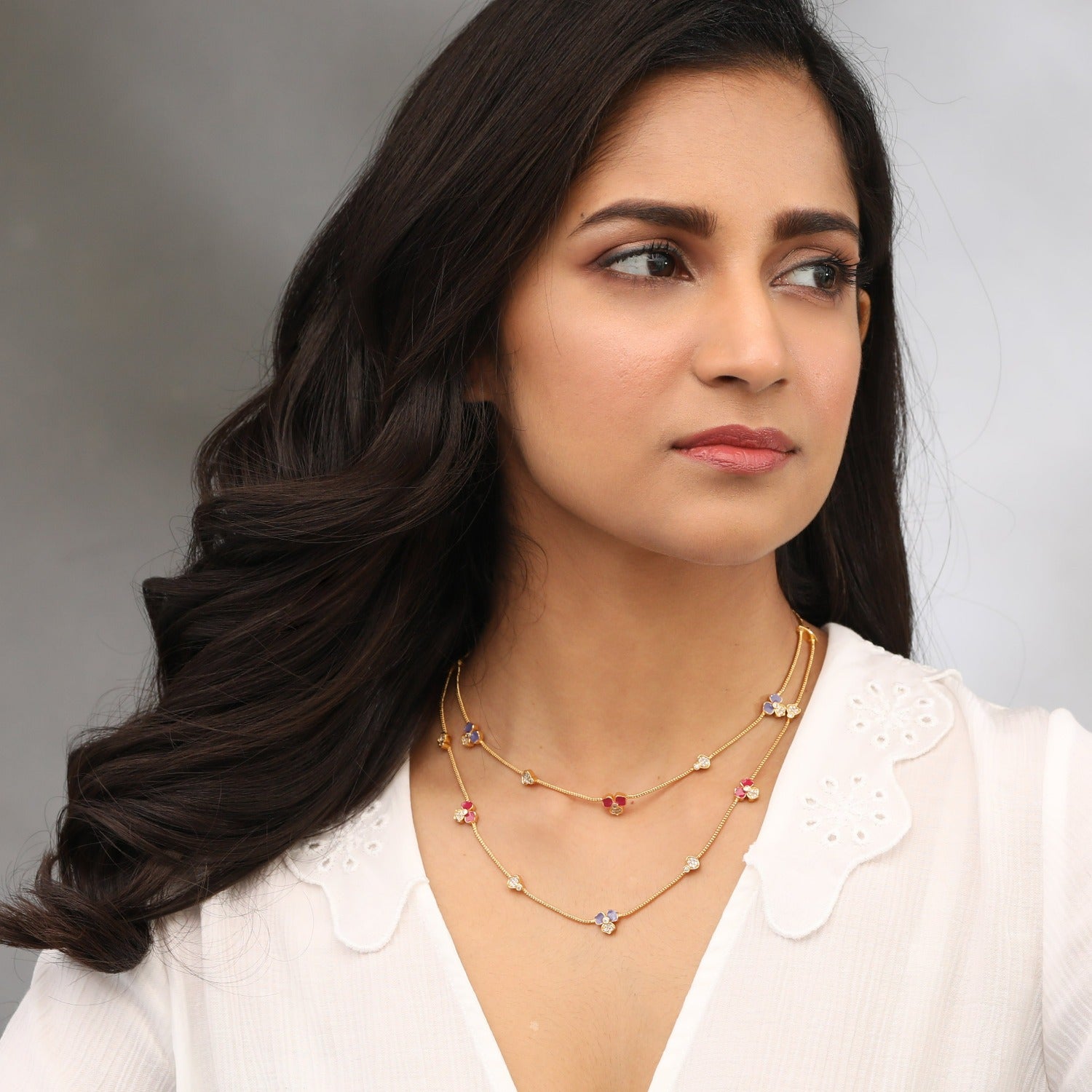 Pansy Floral CZ Statement Two Layer  Necklace 