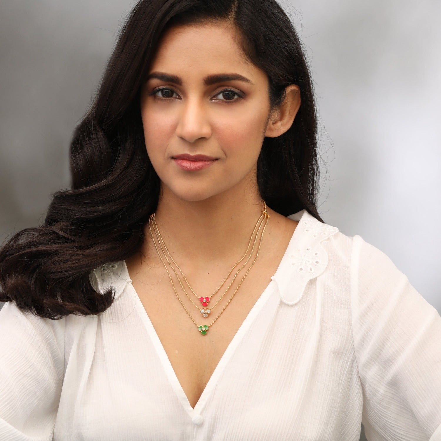 Pansy Floral CZ Statement Three Layer Necklace