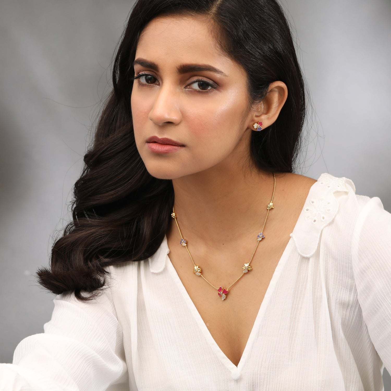 Pansy Floral CZ Petal Necklace 