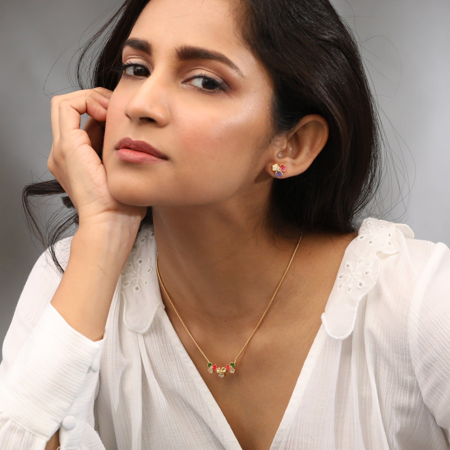 Pansy Floral CZ Triple Motif Necklace 