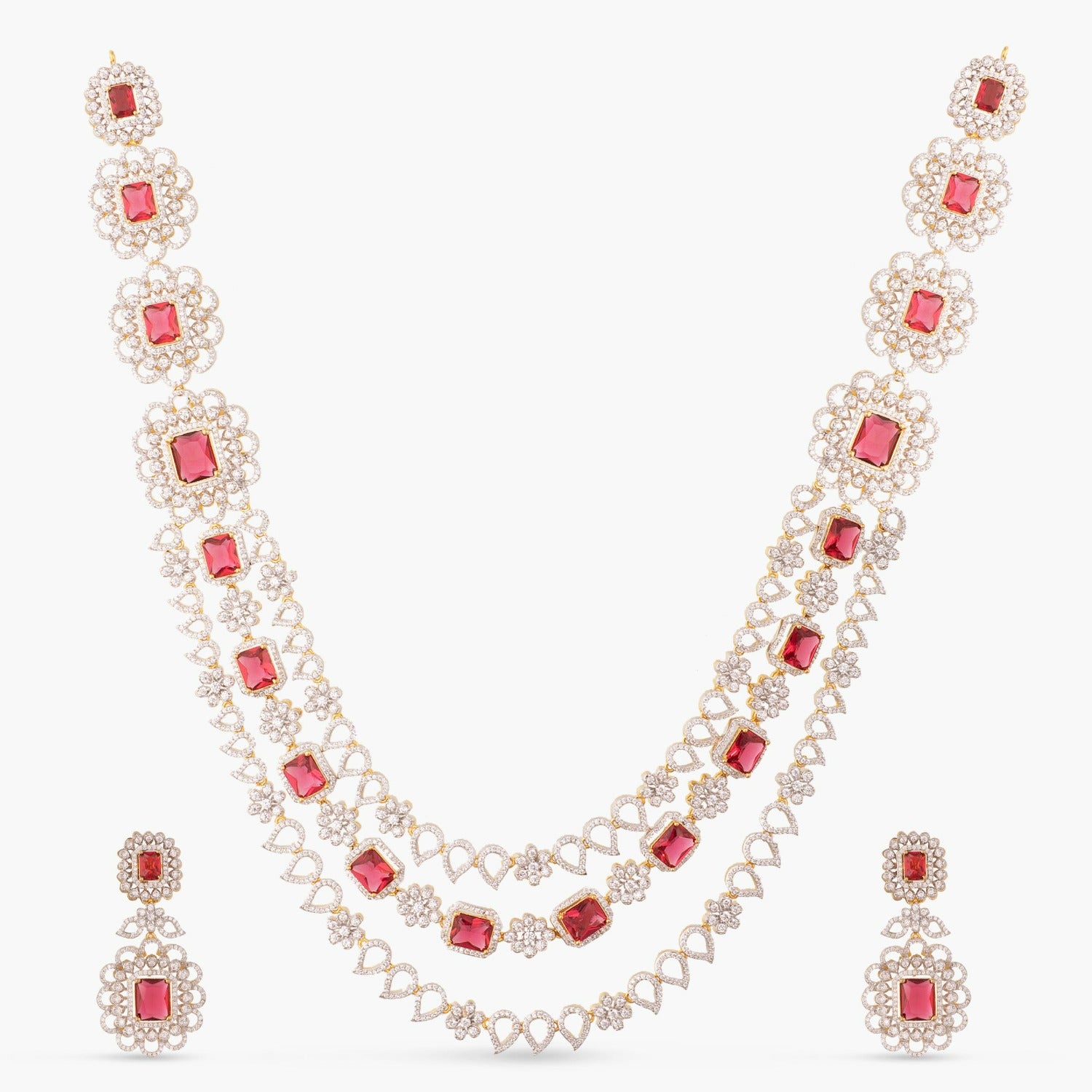 Sparkling Floral Three layer Delicate CZ Long Necklace Set