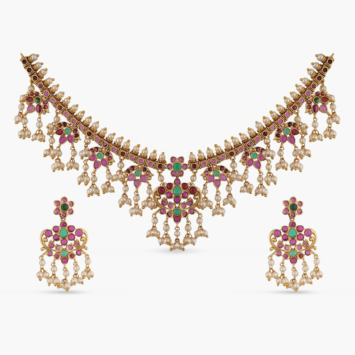 Classic Floral Ivy Pearls Guttapusalu Antique Necklace Set