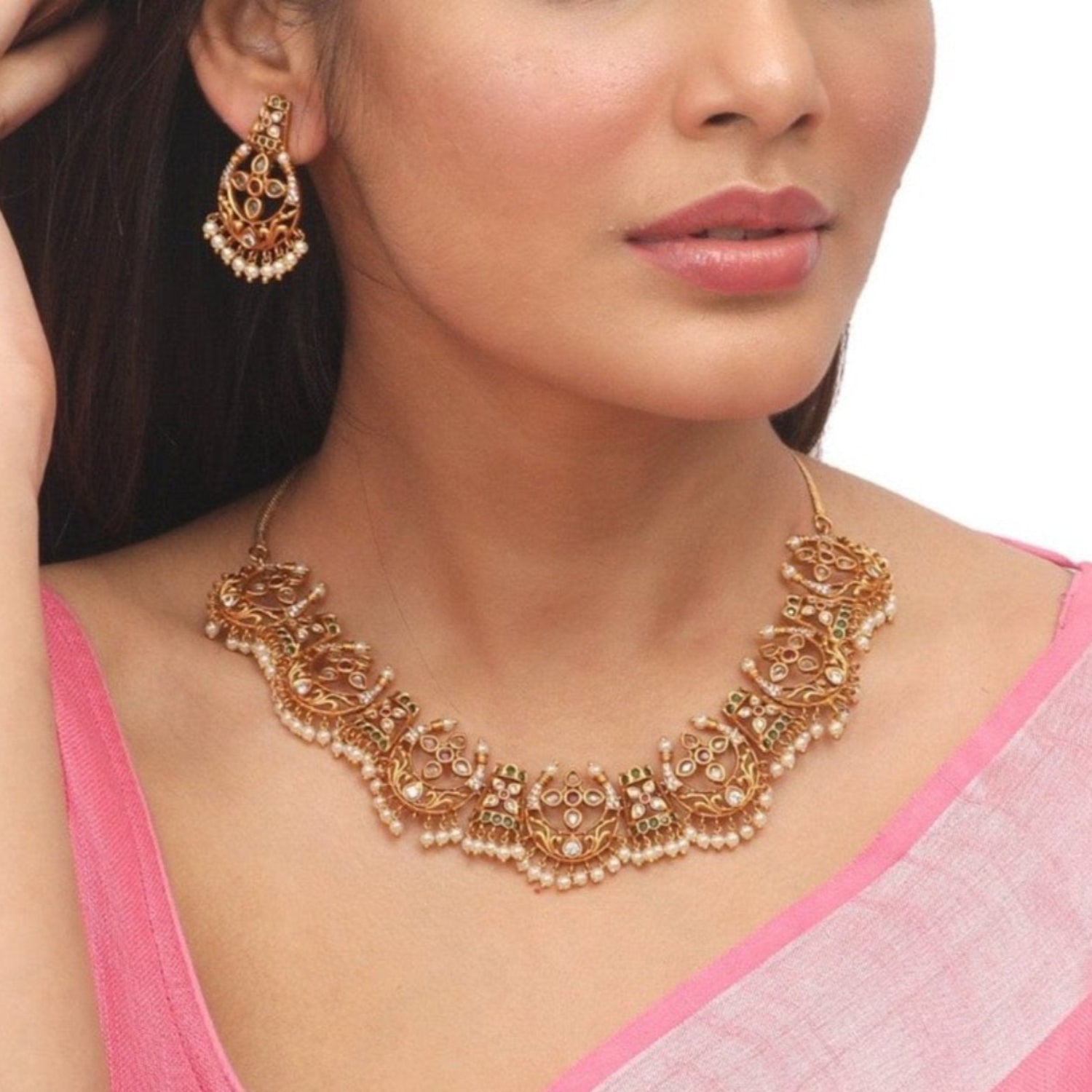Antique Gold Plated Vaikha Necklace Earrings Set
