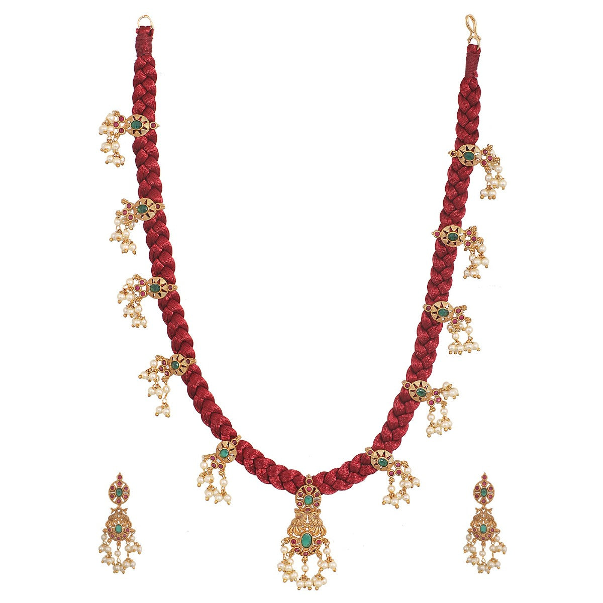 Tarinika Antique Gold Plated Lalita CZ Pendant Dori Necklace Earrings Set Red Thread Indian Jewelry