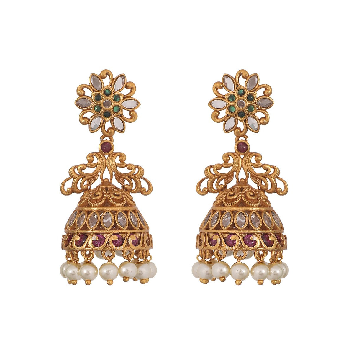 Antique Gold Plated Floral Peacock Jhumki Earrings