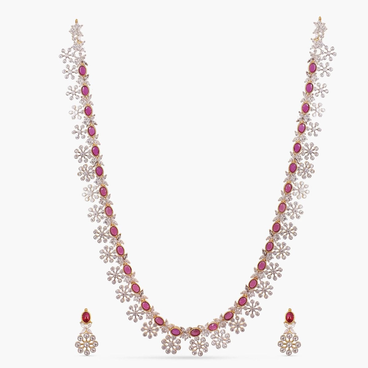 High Quality CZ Diamonds Ruby Necklace Earrings Set Bridal 